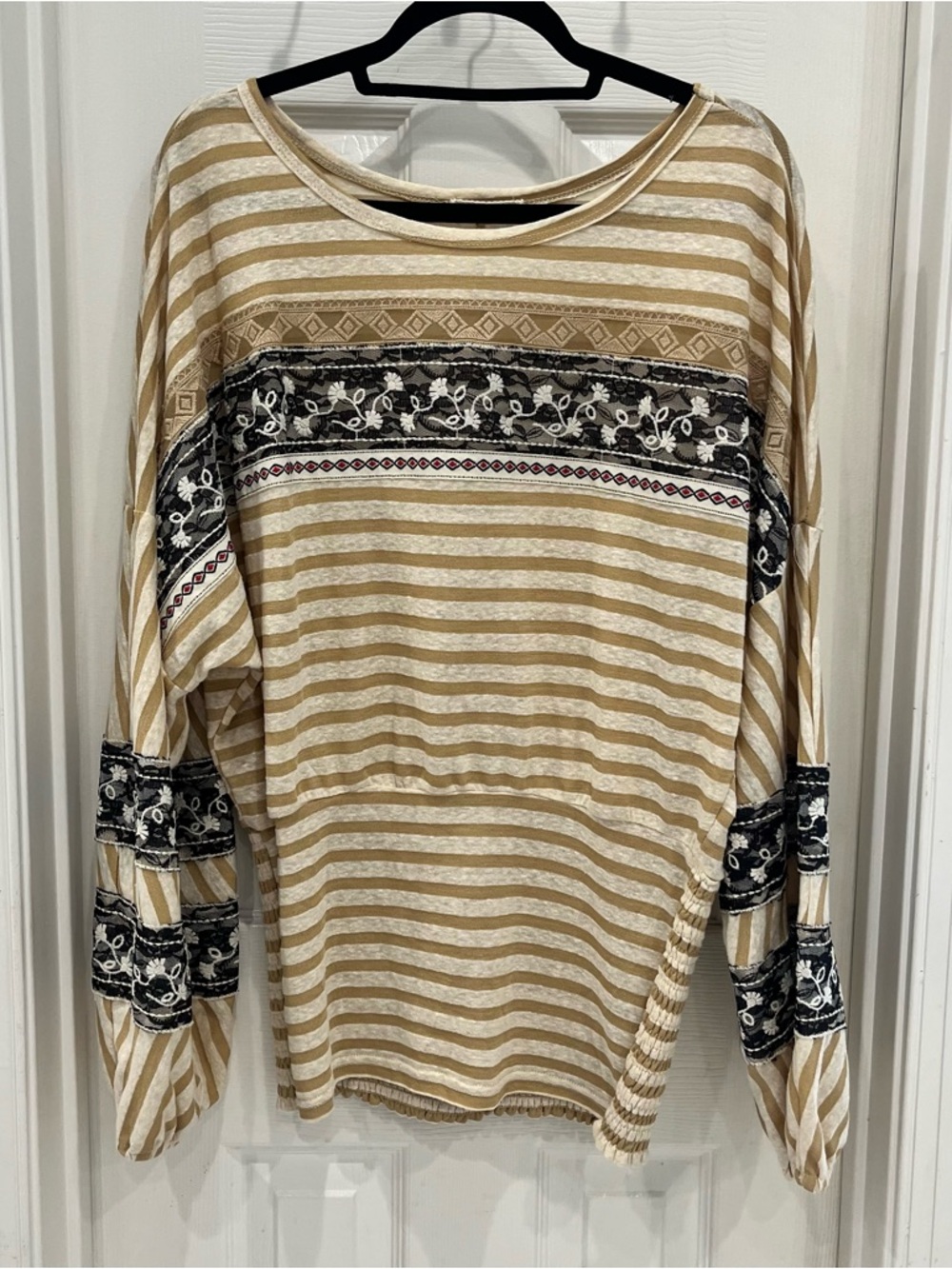 Striped Boho Top in Beige & Black with Embroidered Lace Accents